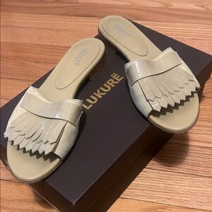 Lukurë Light Greene Fringe Slide Sandals for Women